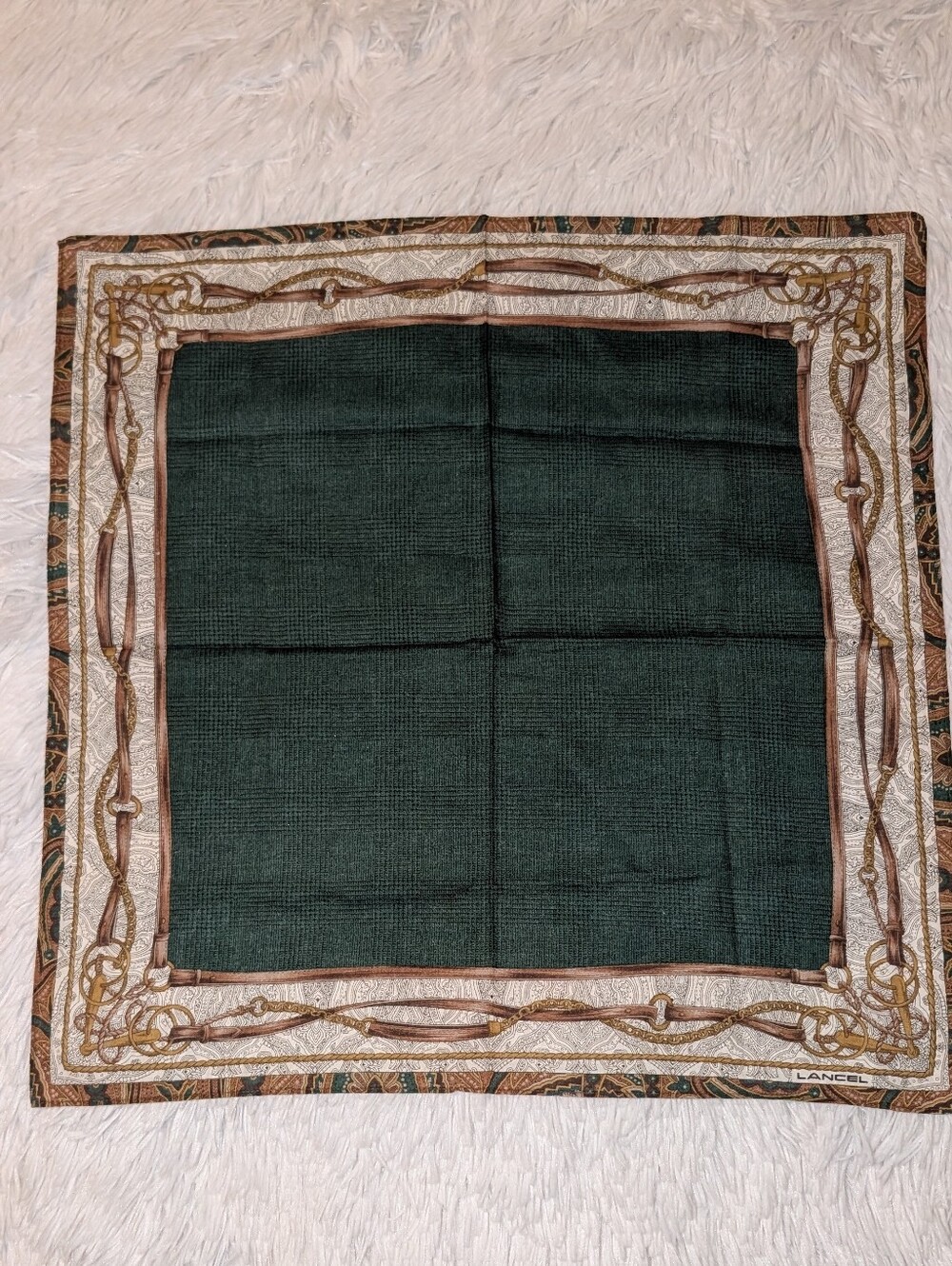 Lancel Equestrian Themed Handkerchief Scarf Cotton Green Multi NWOT